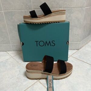 Toms Black Suede Double-Strap Platform Wedge Sandals